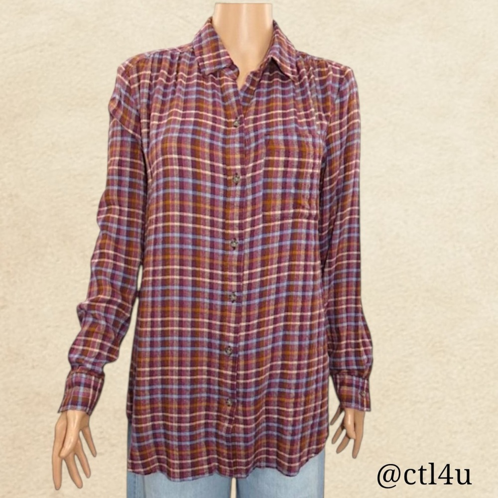 NWTBeachLunchLounge Plaid Button-Front Tunic Top Rust Multicolor Size Small